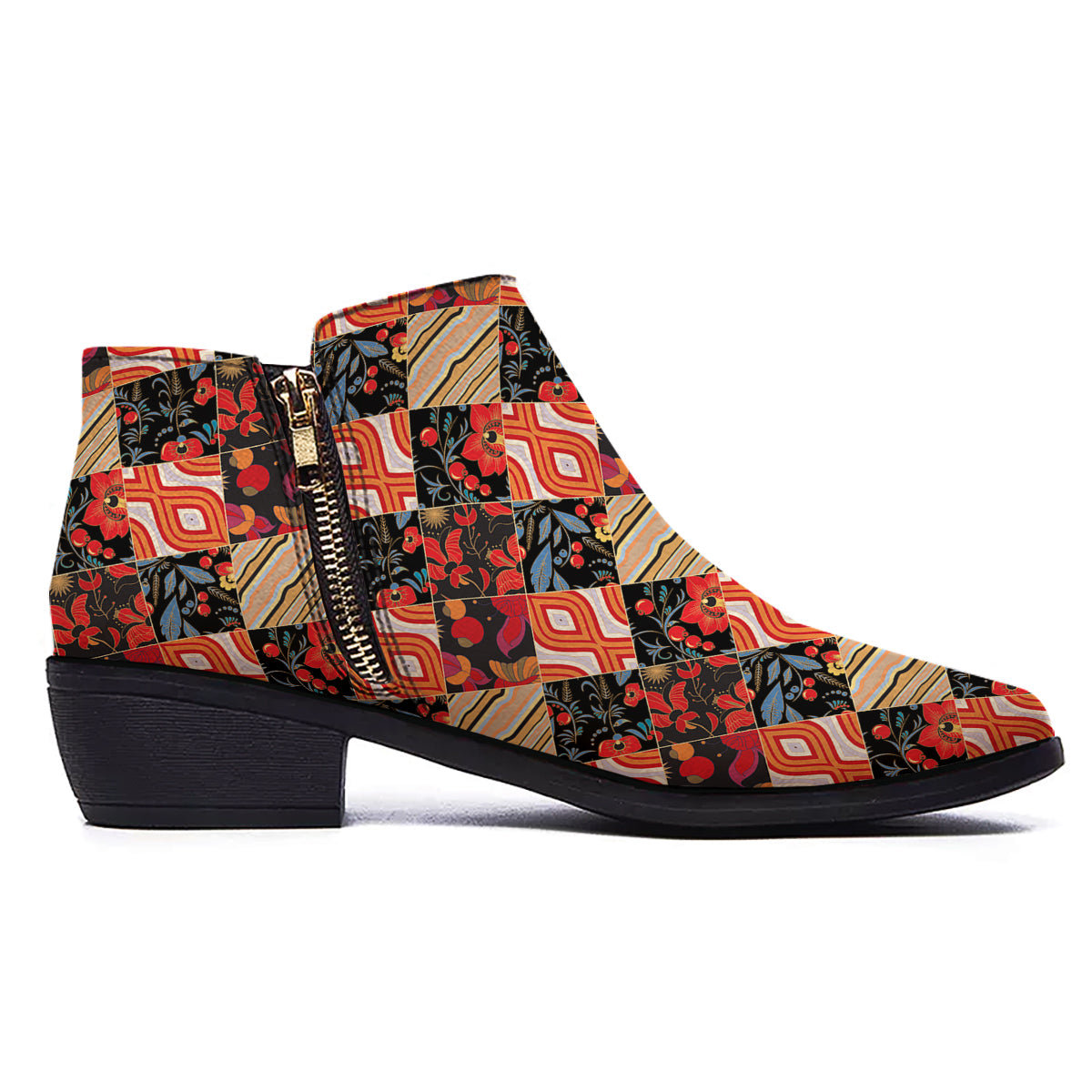 Floral Indian Patchwork Print Pattern Ankle Boots-grizzshop