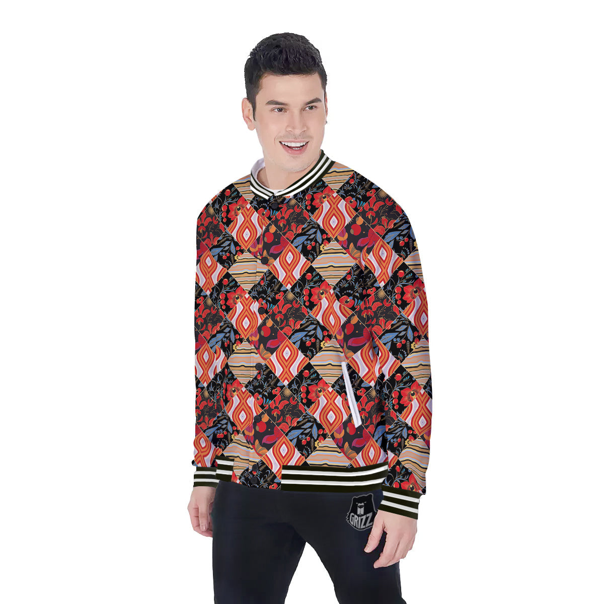 Floral Indian Patchwork Print Pattern Baseball Jacket-grizzshop