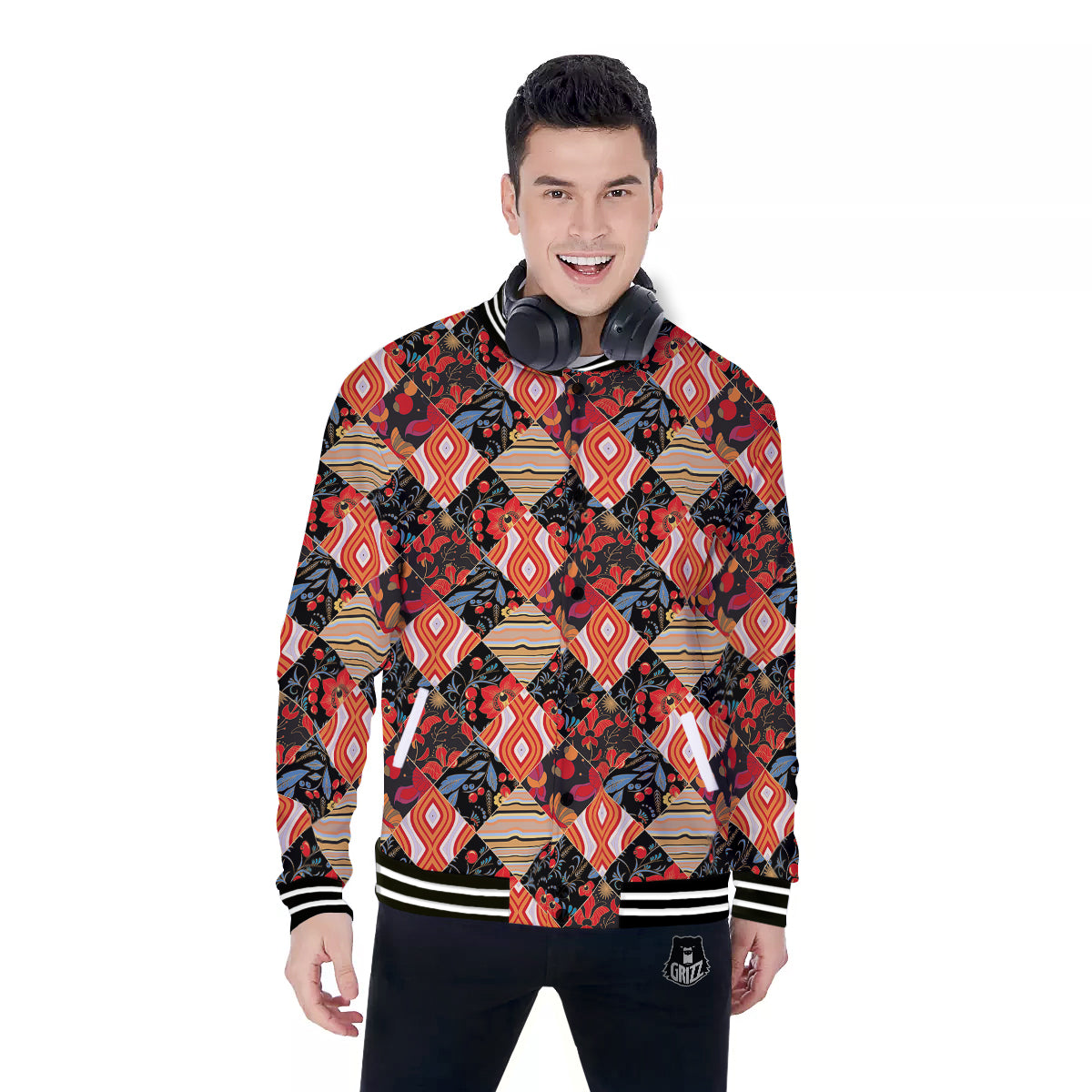 Floral Indian Patchwork Print Pattern Baseball Jacket-grizzshop