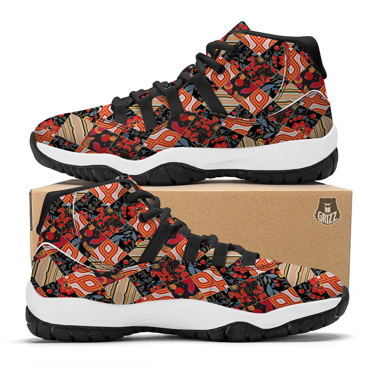 Floral Indian Patchwork Print Pattern Black Bball Shoes-grizzshop