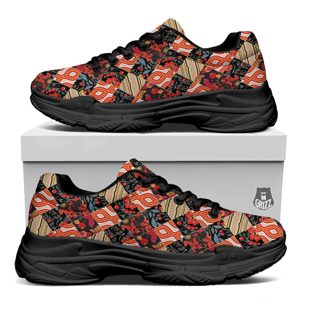 Floral Indian Patchwork Print Pattern Black Chunky Shoes-grizzshop