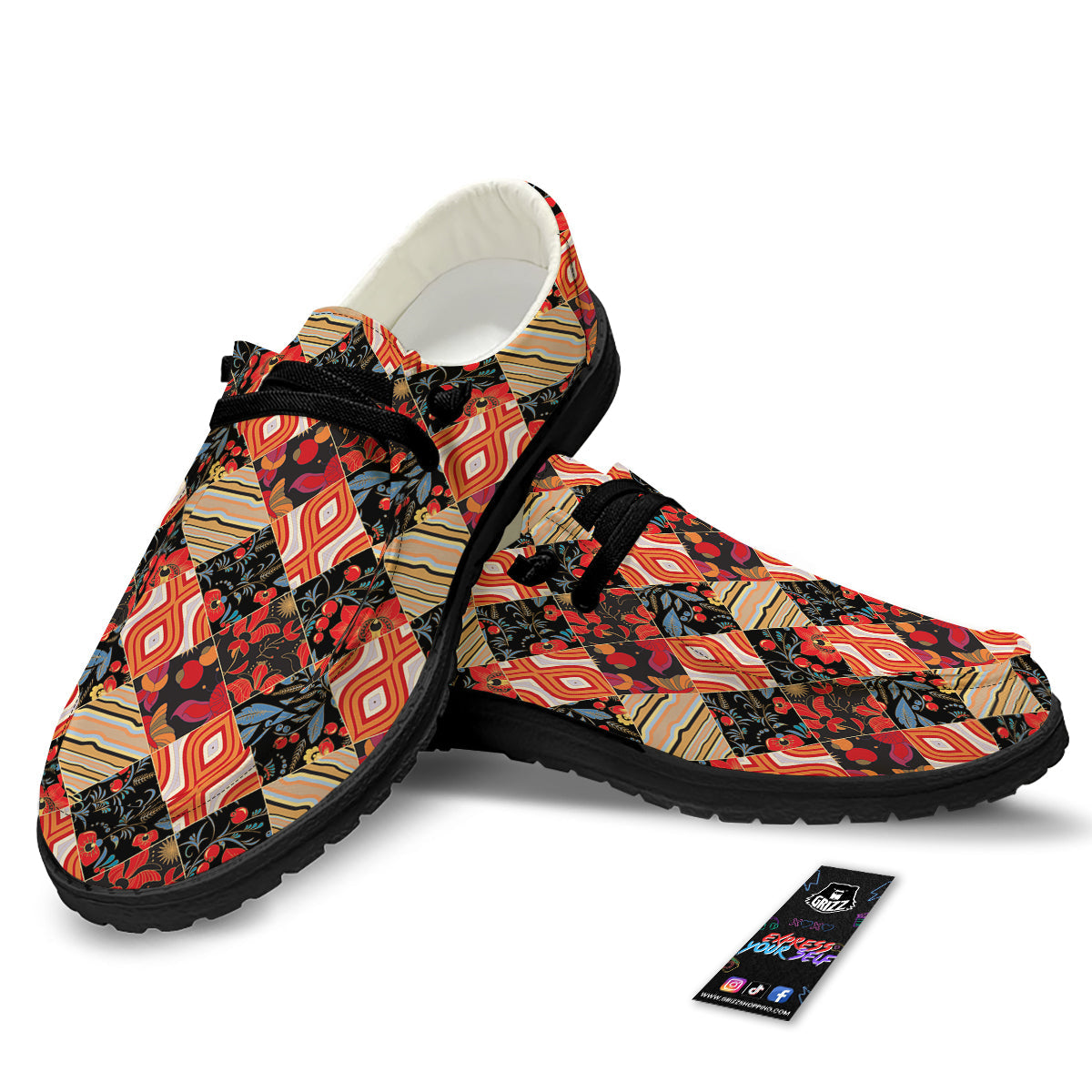 Floral Indian Patchwork Print Pattern Black Loafers-grizzshop