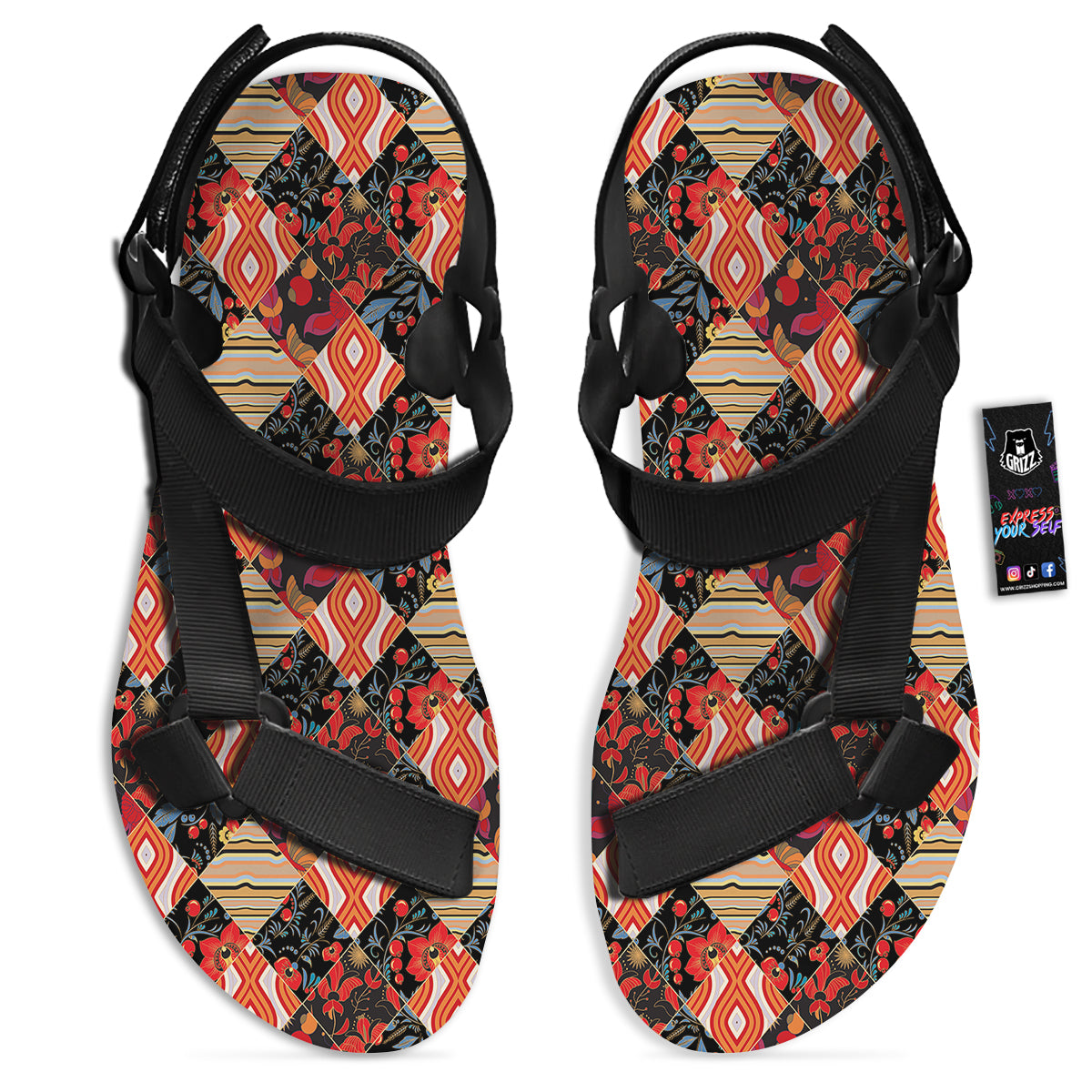 Floral Indian Patchwork Print Pattern Black Open Toe Sandals-grizzshop