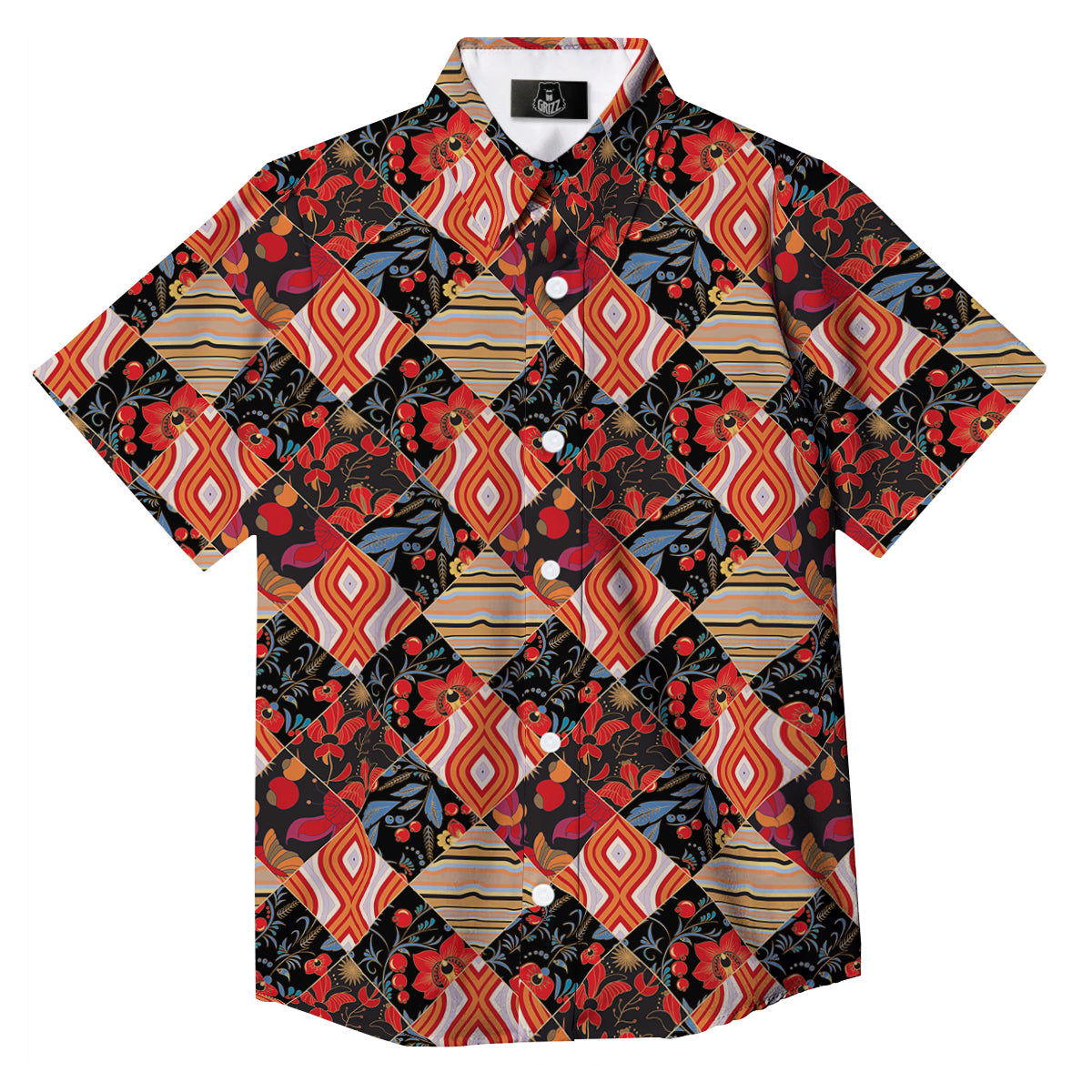 Floral Indian Patchwork Print Pattern Button Up Shirt-grizzshop