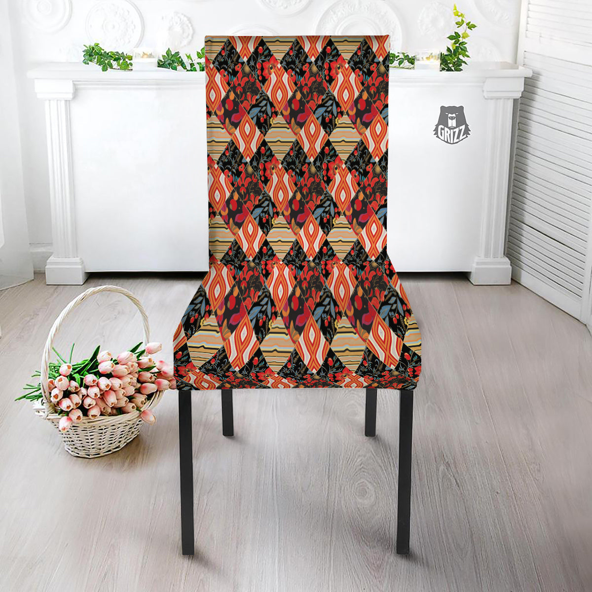 Floral Indian Patchwork Print Pattern Dining Chair Slipcover-grizzshop