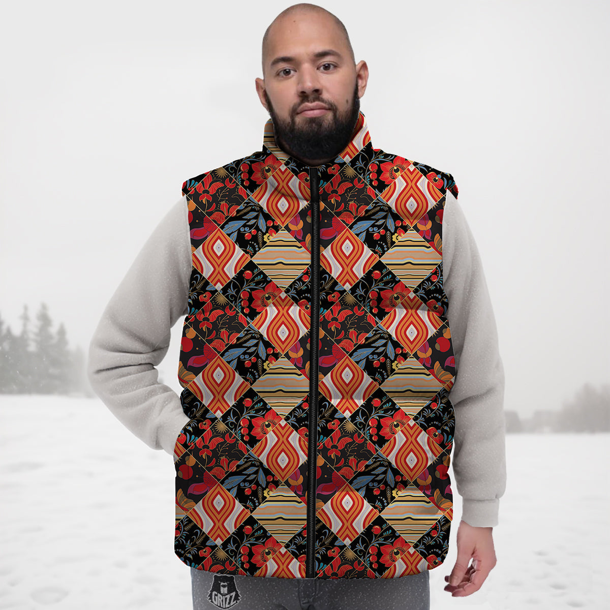 Floral Indian Patchwork Print Pattern Down Vest