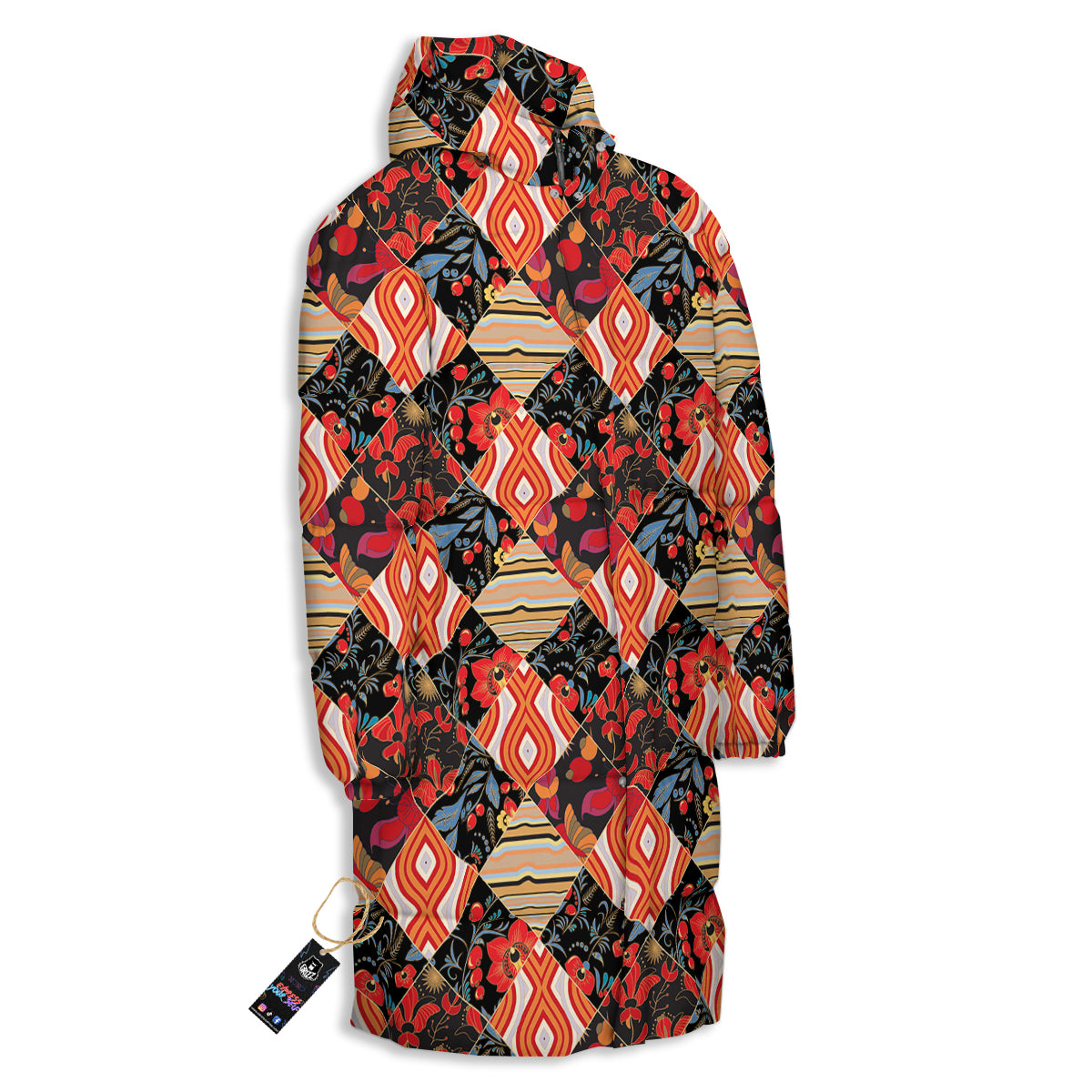 Floral Indian Patchwork Print Pattern Long Down Jacket-grizzshop