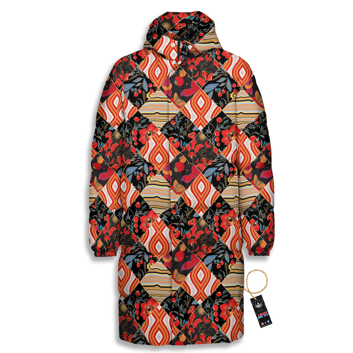 Floral Indian Patchwork Print Pattern Long Down Jacket-grizzshop