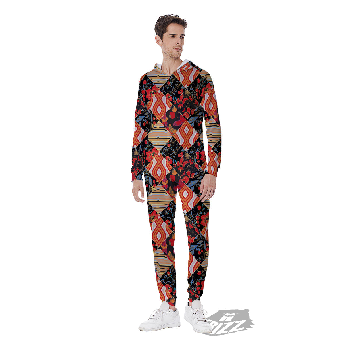 Floral Indian Patchwork Print Pattern Men's Jumpsuit-grizzshop