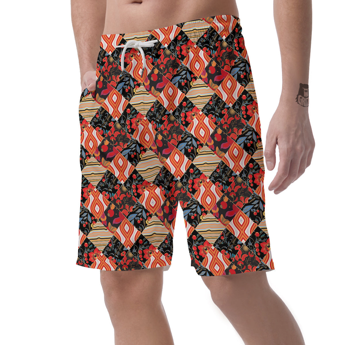 Floral Indian Patchwork Print Pattern Men's Shorts-grizzshop