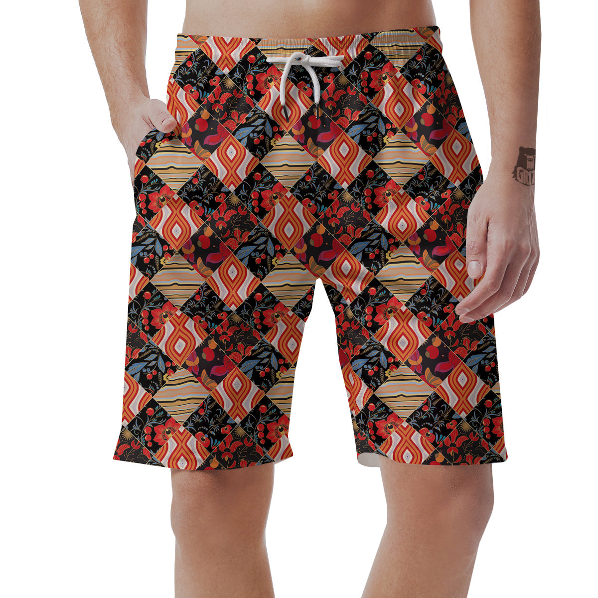 Floral Indian Patchwork Print Pattern Men's Shorts-grizzshop