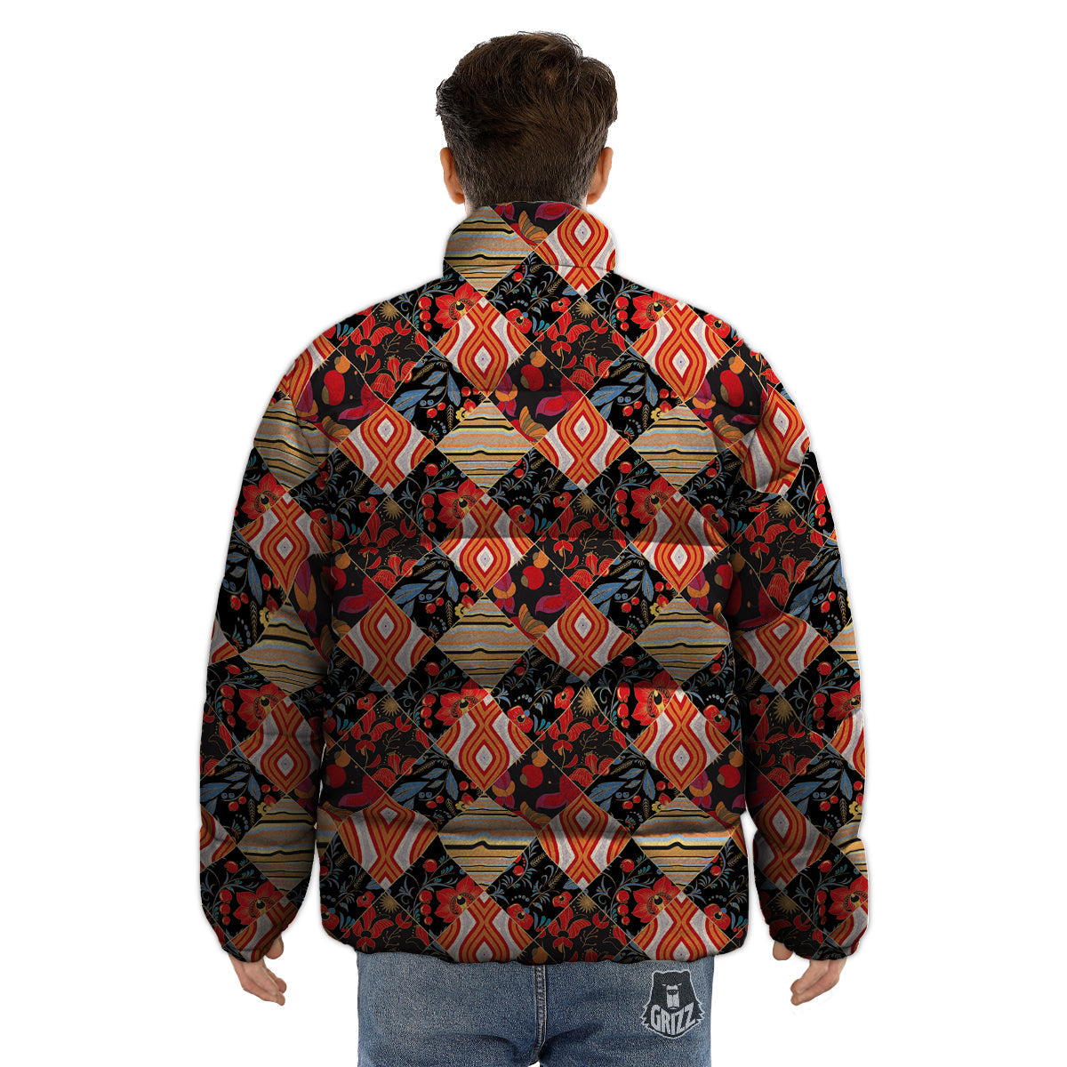 Floral Indian Patchwork Print Pattern Puffer Jacket-grizzshop