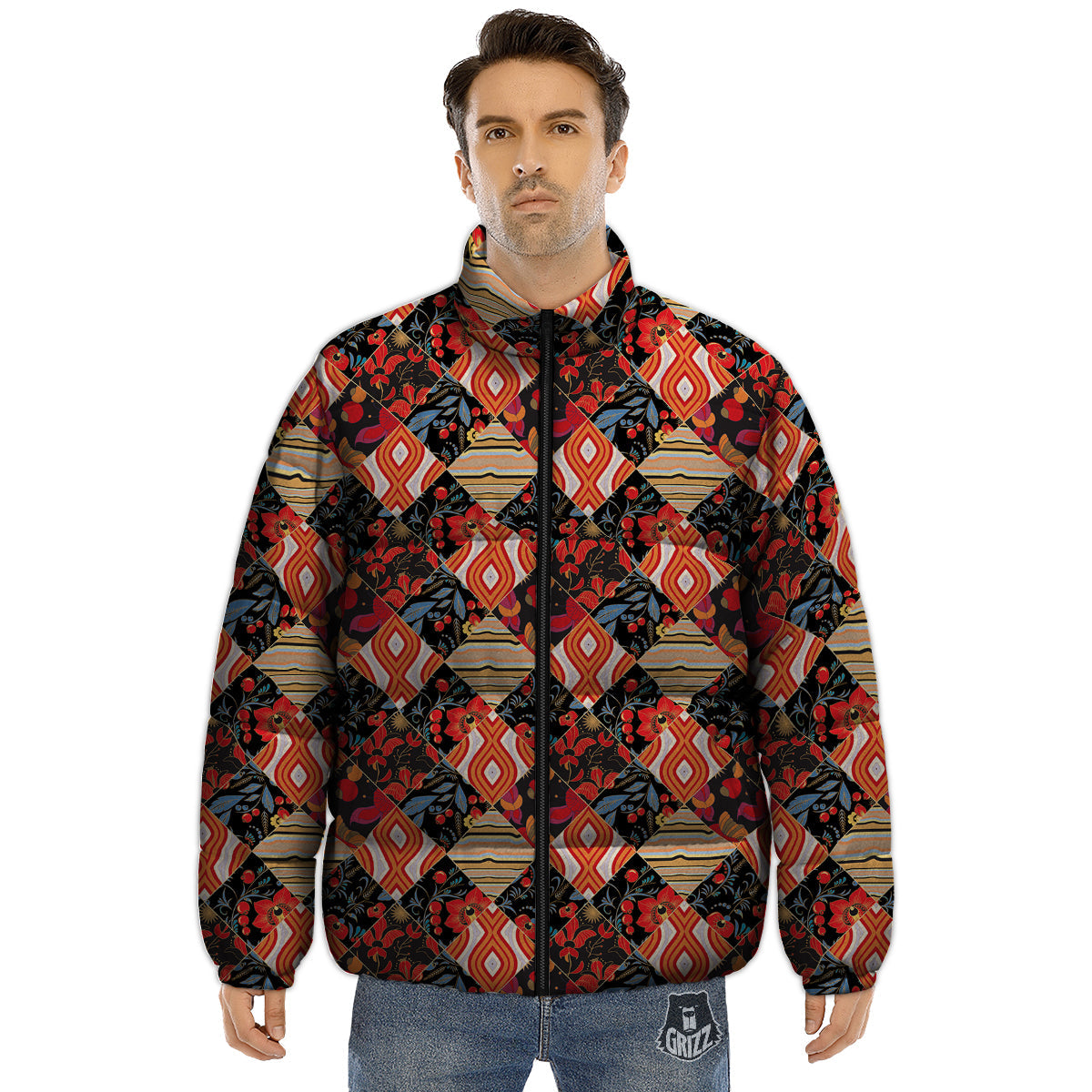 Floral Indian Patchwork Print Pattern Puffer Jacket-grizzshop