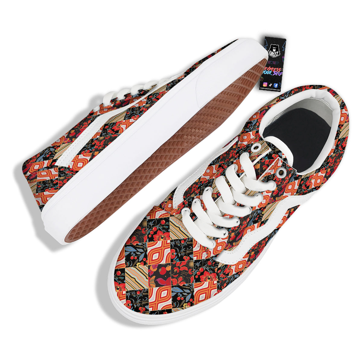 Floral Indian Patchwork Print Pattern Skate Shoes-grizzshop