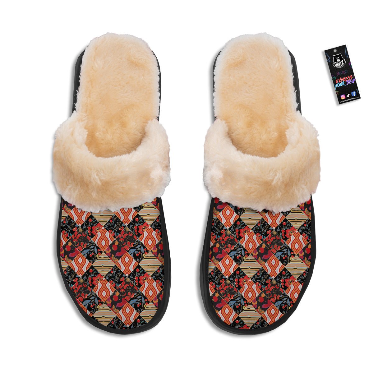 Floral Indian Patchwork Print Pattern Slippers-grizzshop