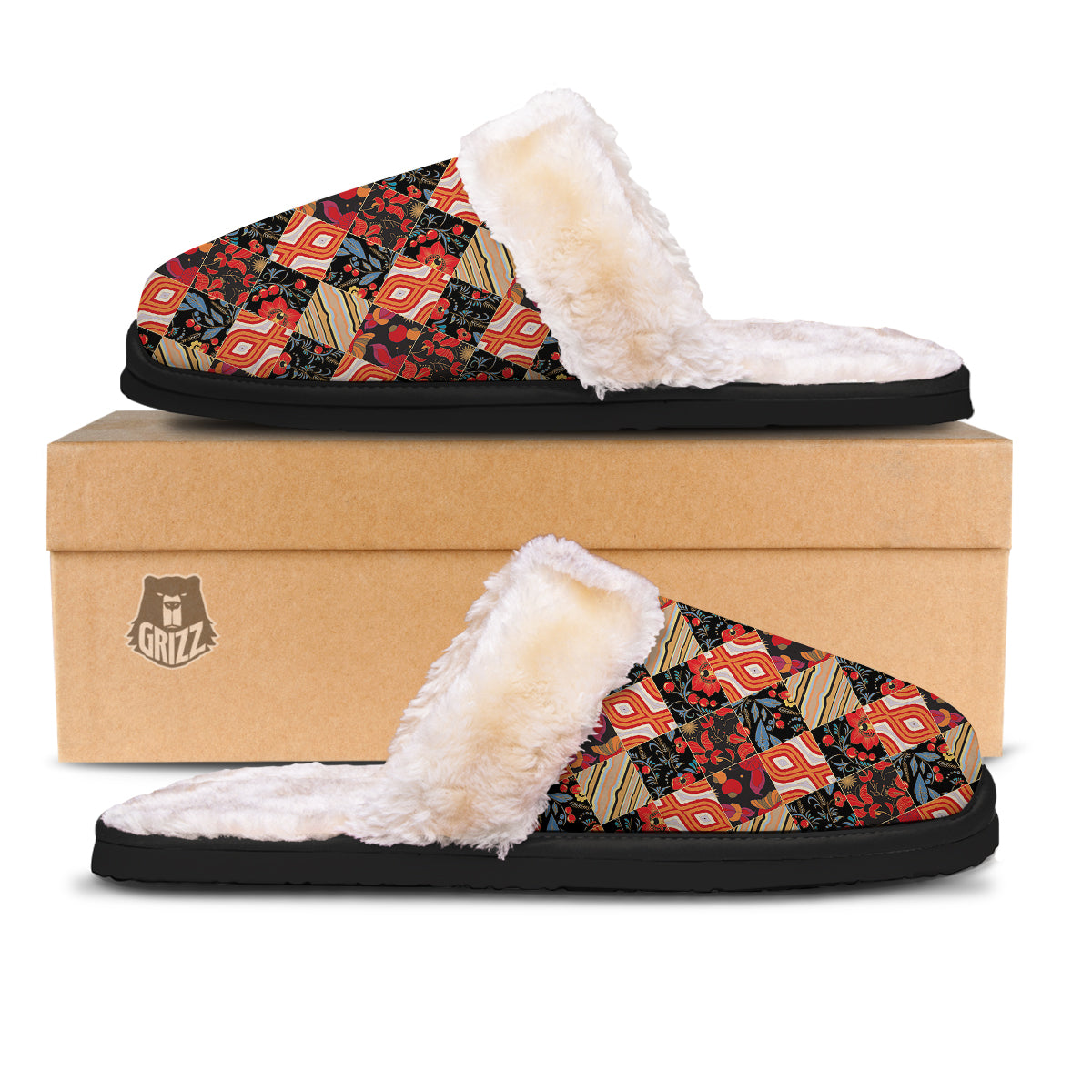 Floral Indian Patchwork Print Pattern Slippers-grizzshop