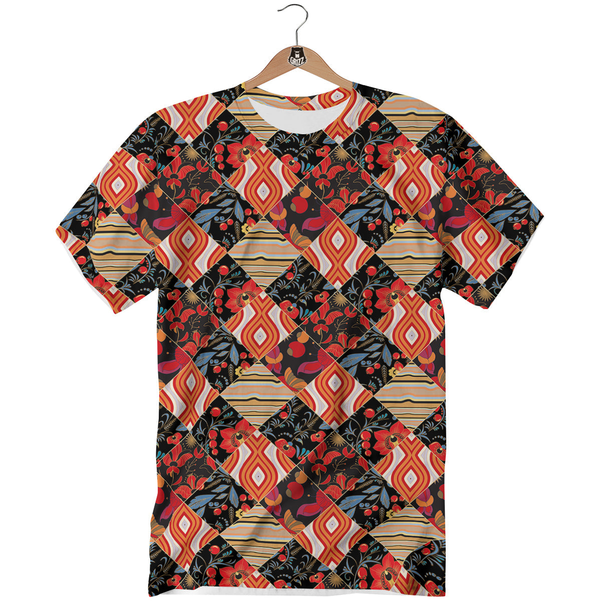 Floral Indian Patchwork Print Pattern T-Shirt-grizzshop
