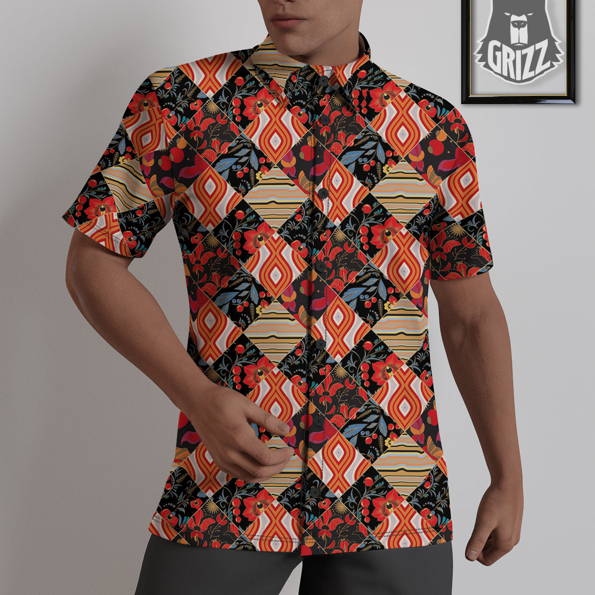 Floral Indian Patchwork Print Pattern Untucked Shirts-grizzshop