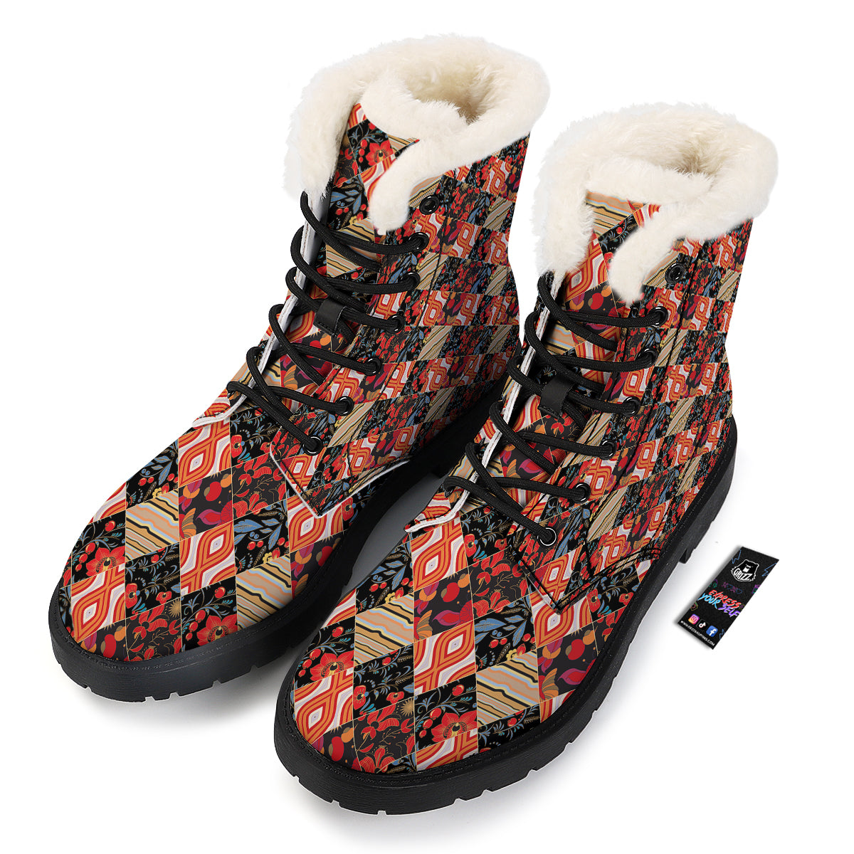 Floral Indian Patchwork Print Pattern Winter Boots-grizzshop