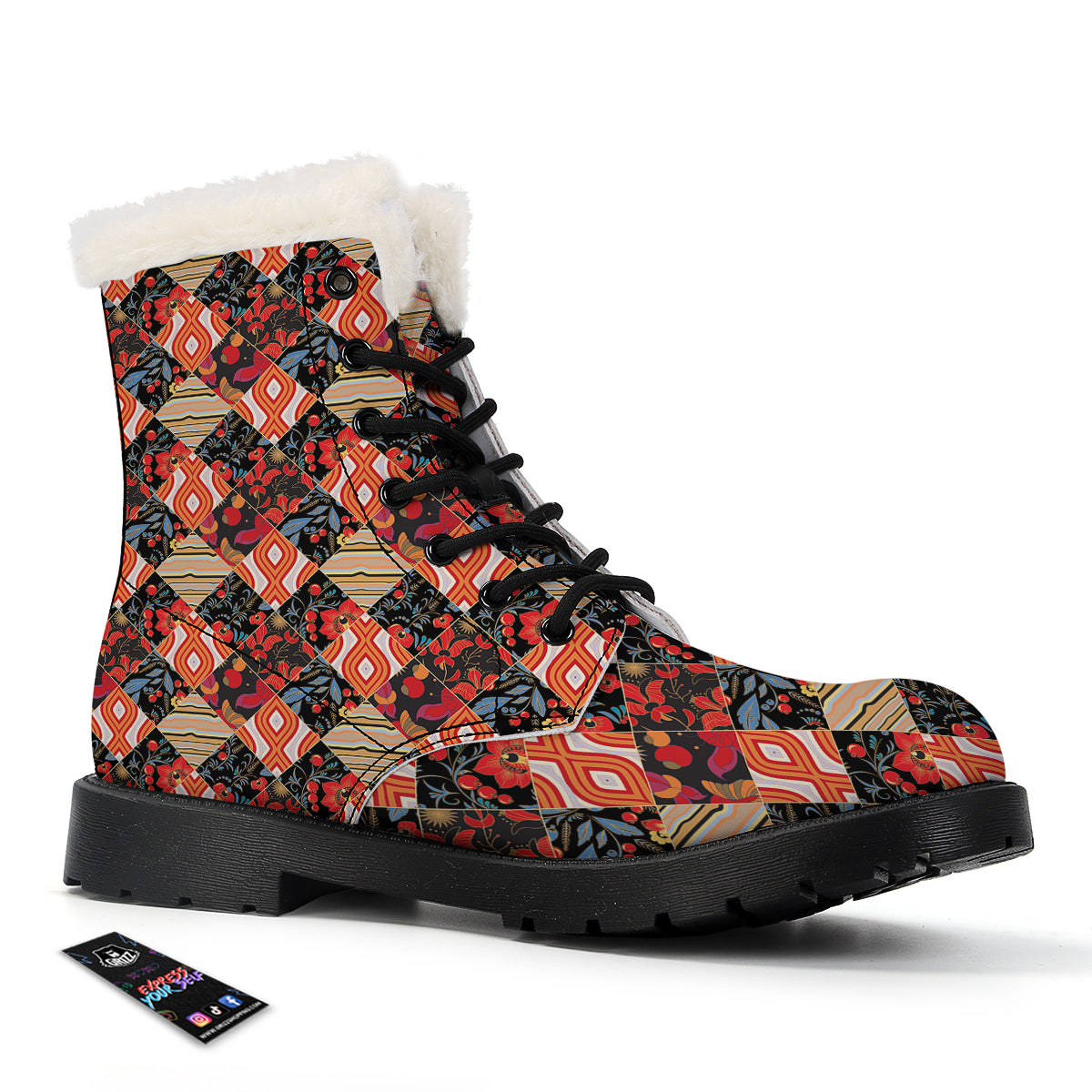 Floral Indian Patchwork Print Pattern Winter Boots-grizzshop