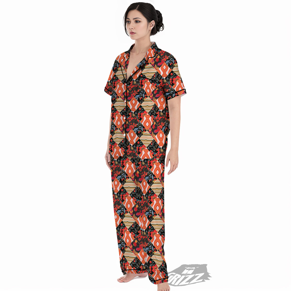 Floral Indian Patchwork Print Pattern Women's Pajamas Set-grizzshop
