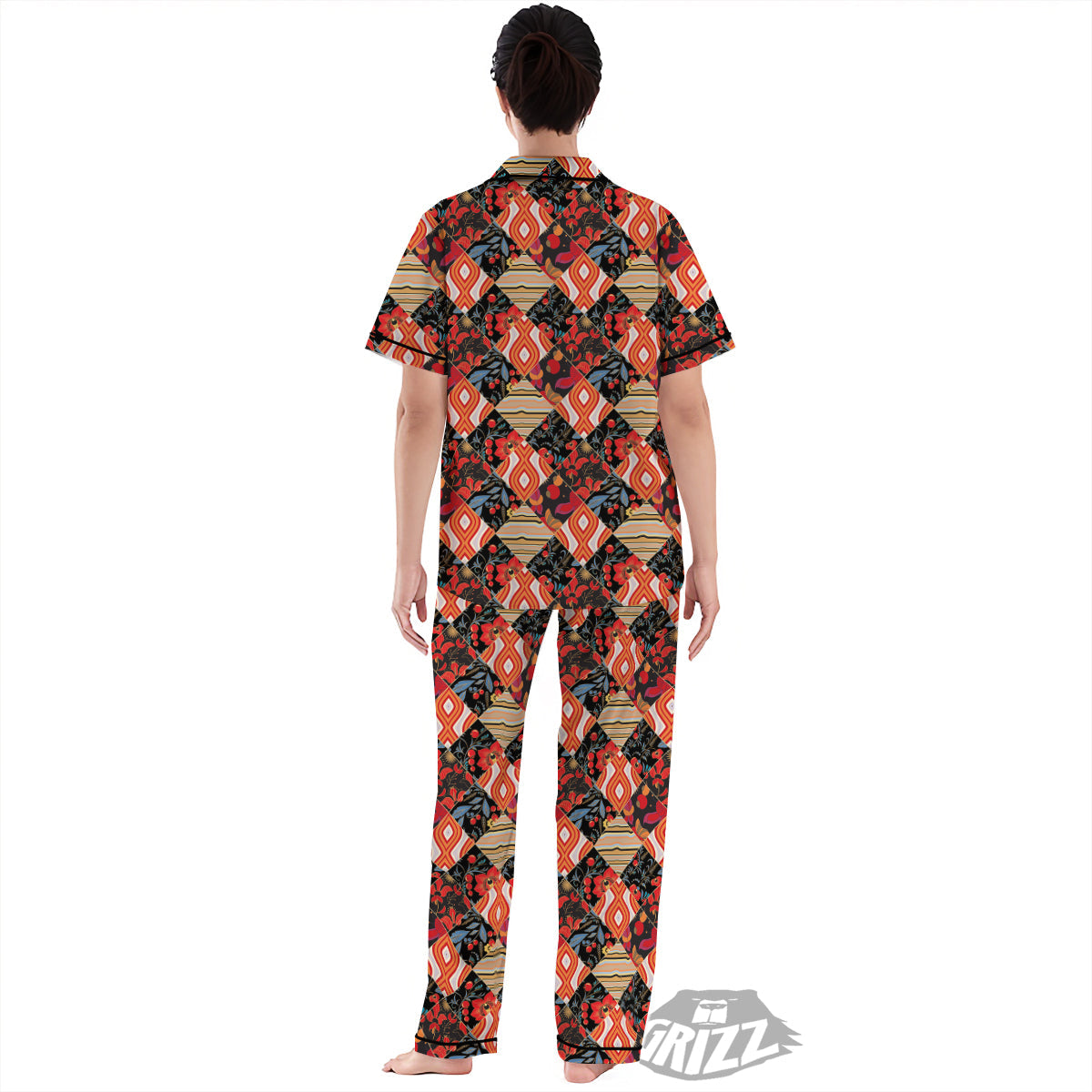 Floral Indian Patchwork Print Pattern Women's Pajamas Set-grizzshop