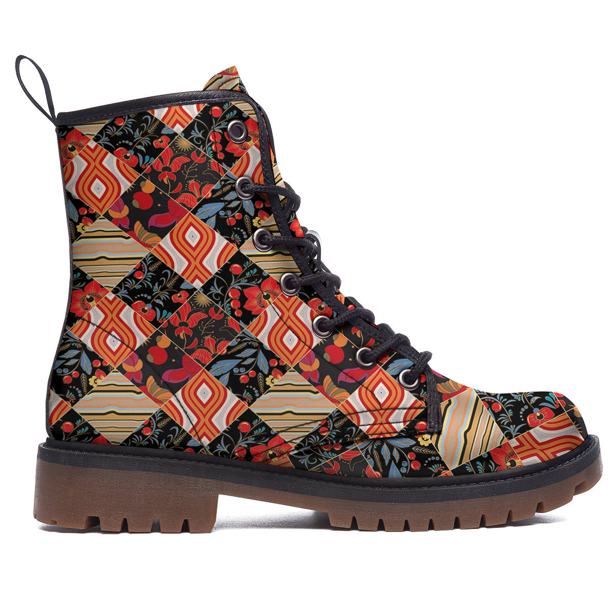 Floral Indian Patchwork Print Pattern Work Boots-grizzshop