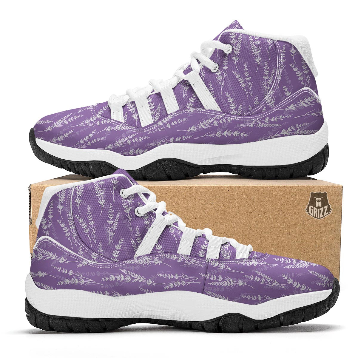 Floral Lavender Print Pattern White Bball Shoes-grizzshop