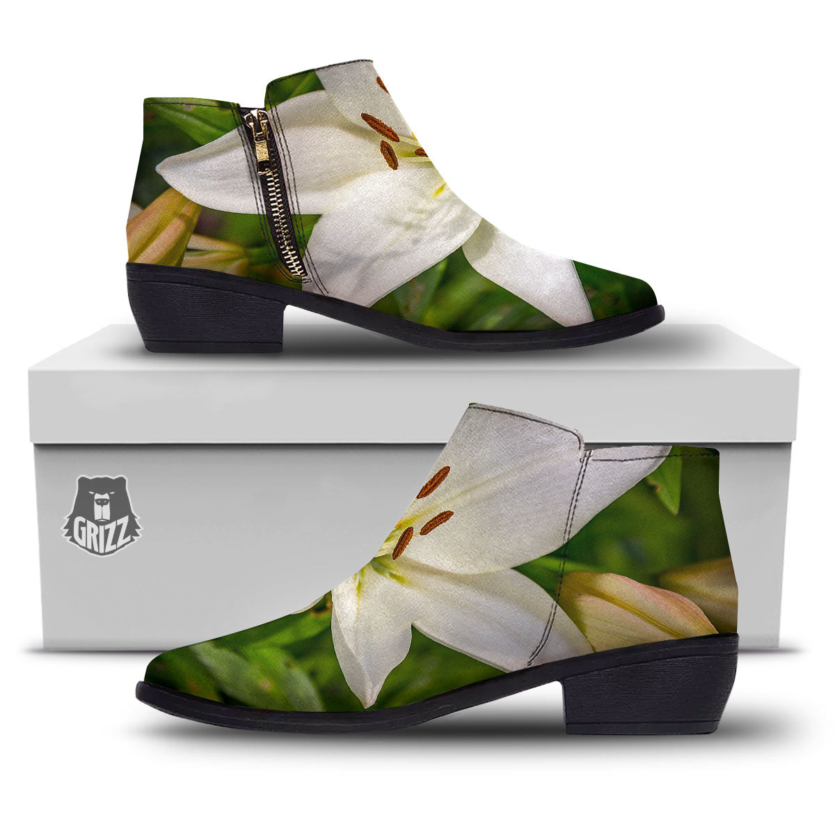 Floral Lily Print Ankle Boots-grizzshop