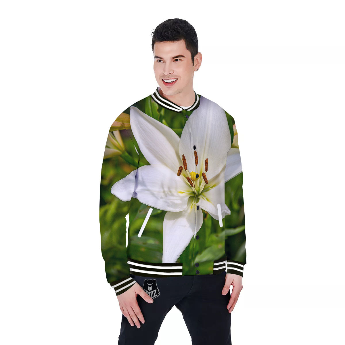 Floral Lily Print Baseball Jacket-grizzshop