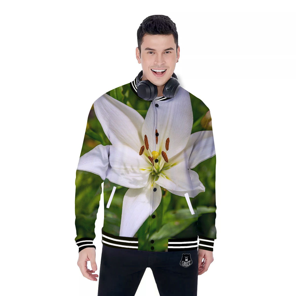 Floral Lily Print Baseball Jacket-grizzshop