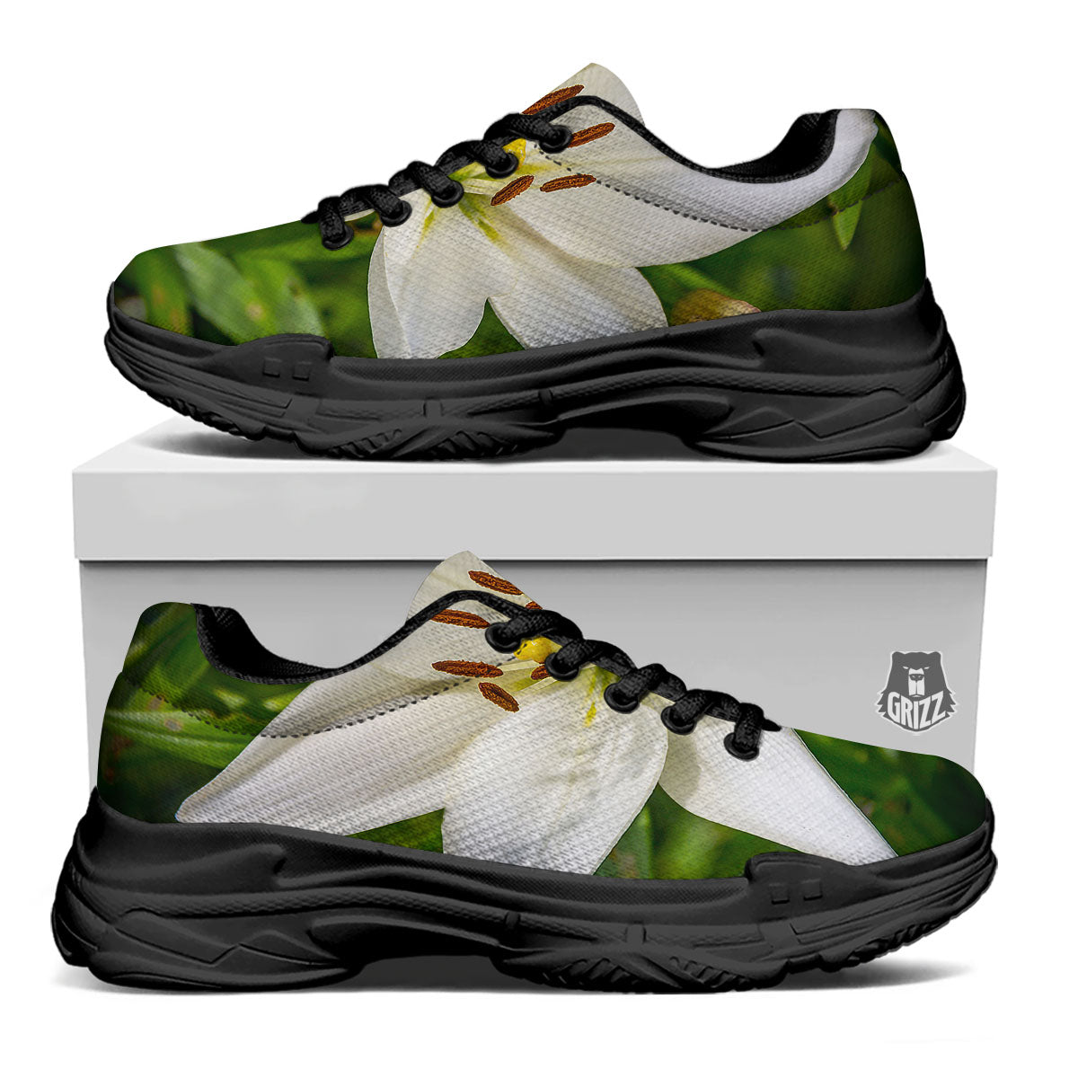 Floral Lily Print Black Chunky Shoes-grizzshop