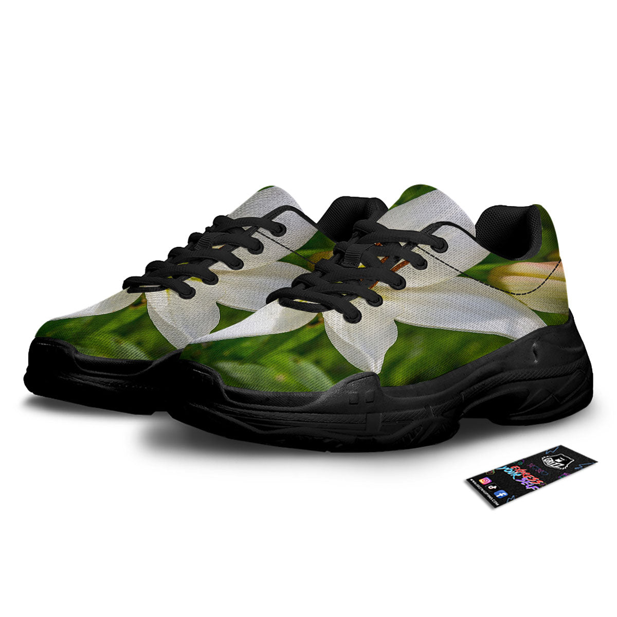 Floral Lily Print Black Chunky Shoes-grizzshop