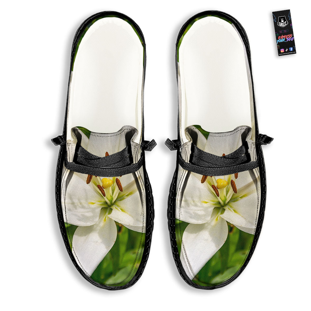 Floral Lily Print Black Loafers-grizzshop