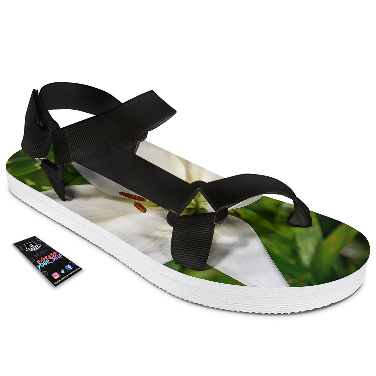 Floral Lily Print Black Open Toe Sandals-grizzshop