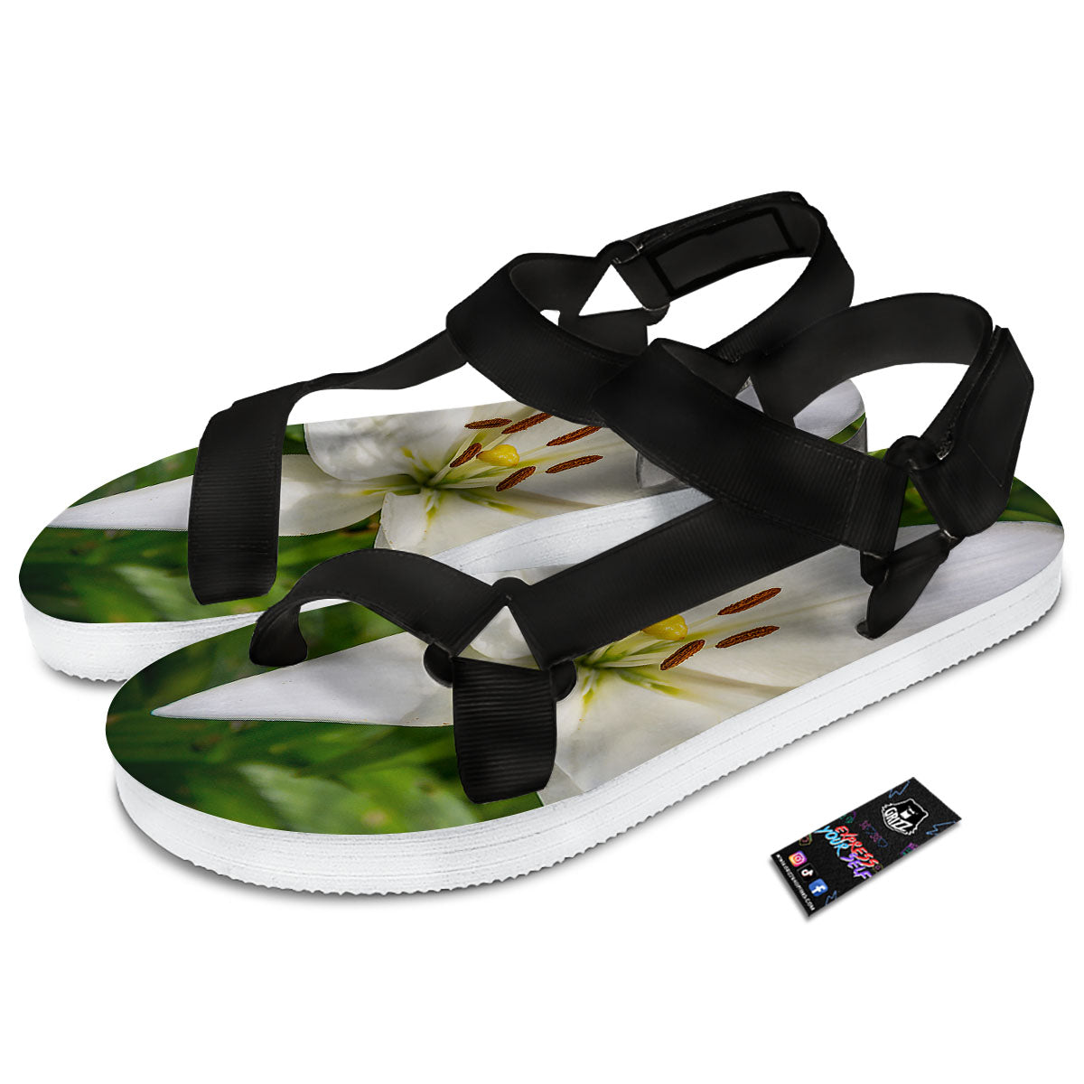 Floral Lily Print Black Open Toe Sandals-grizzshop