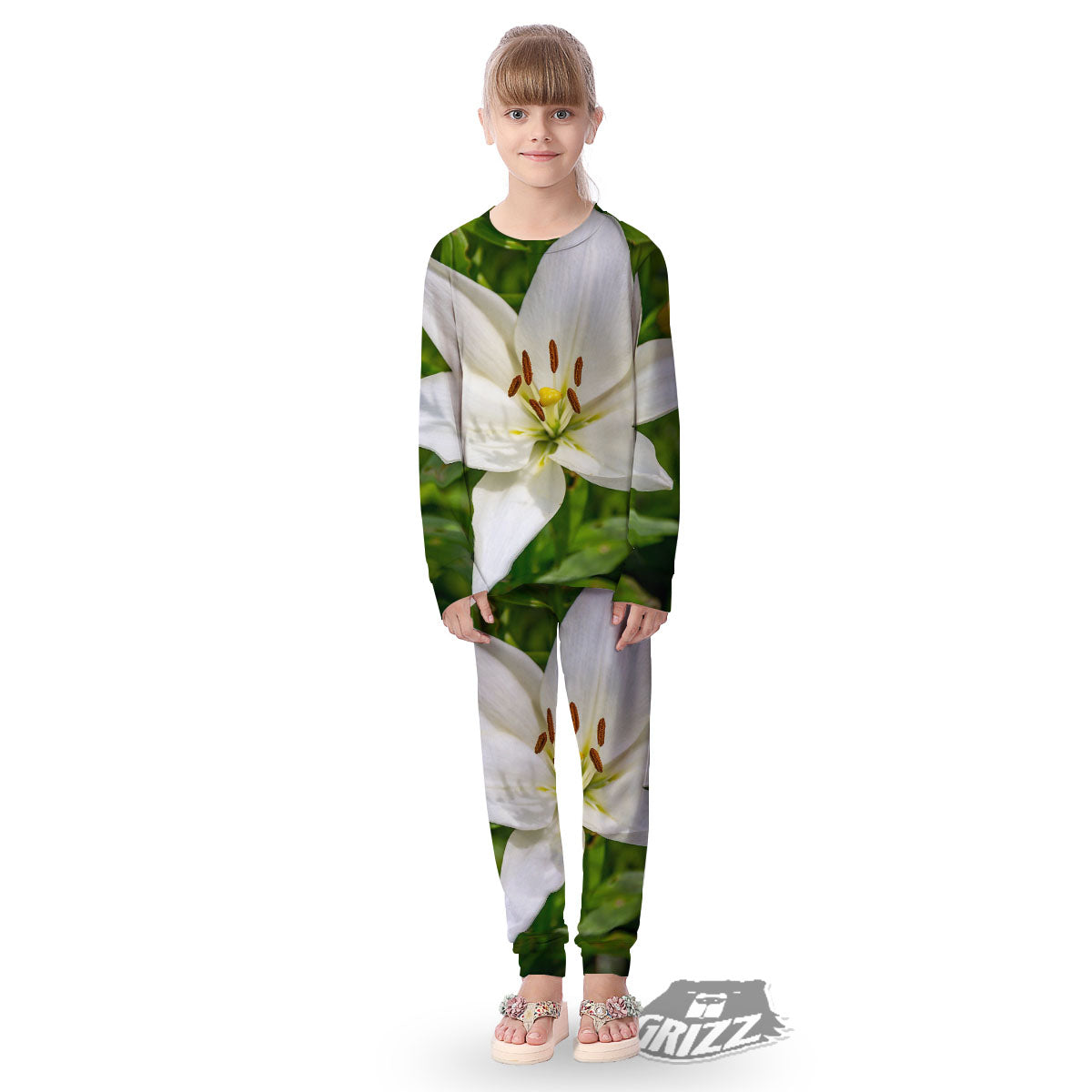 Floral Lily Print Kid's Pajamas-grizzshop