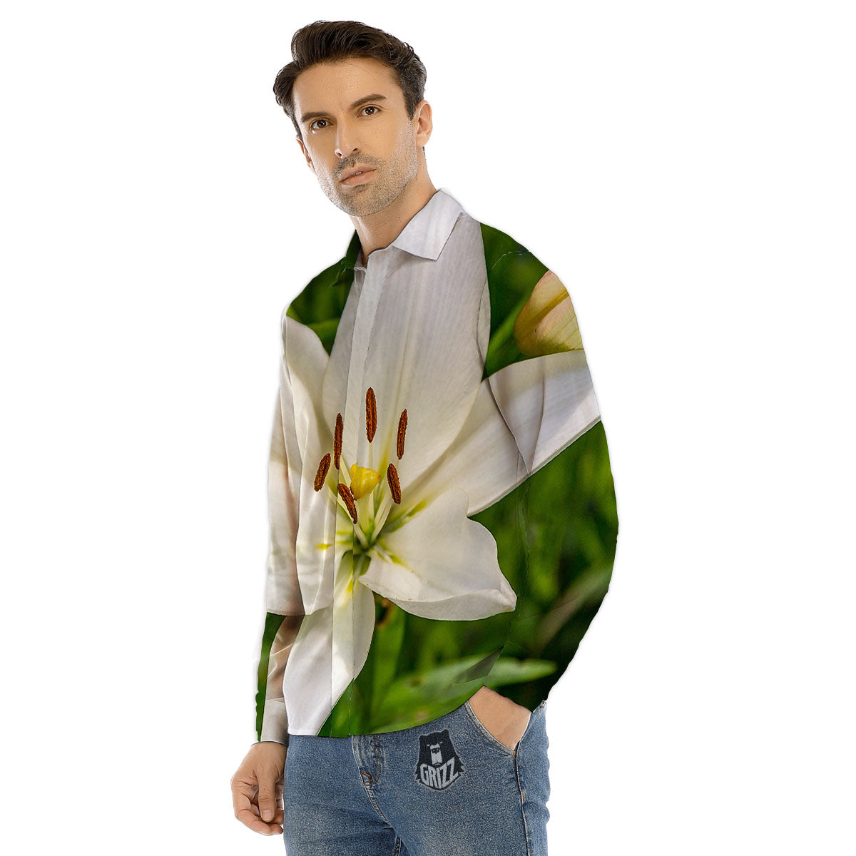 Floral Lily Print Men's Dress Shirts-grizzshop