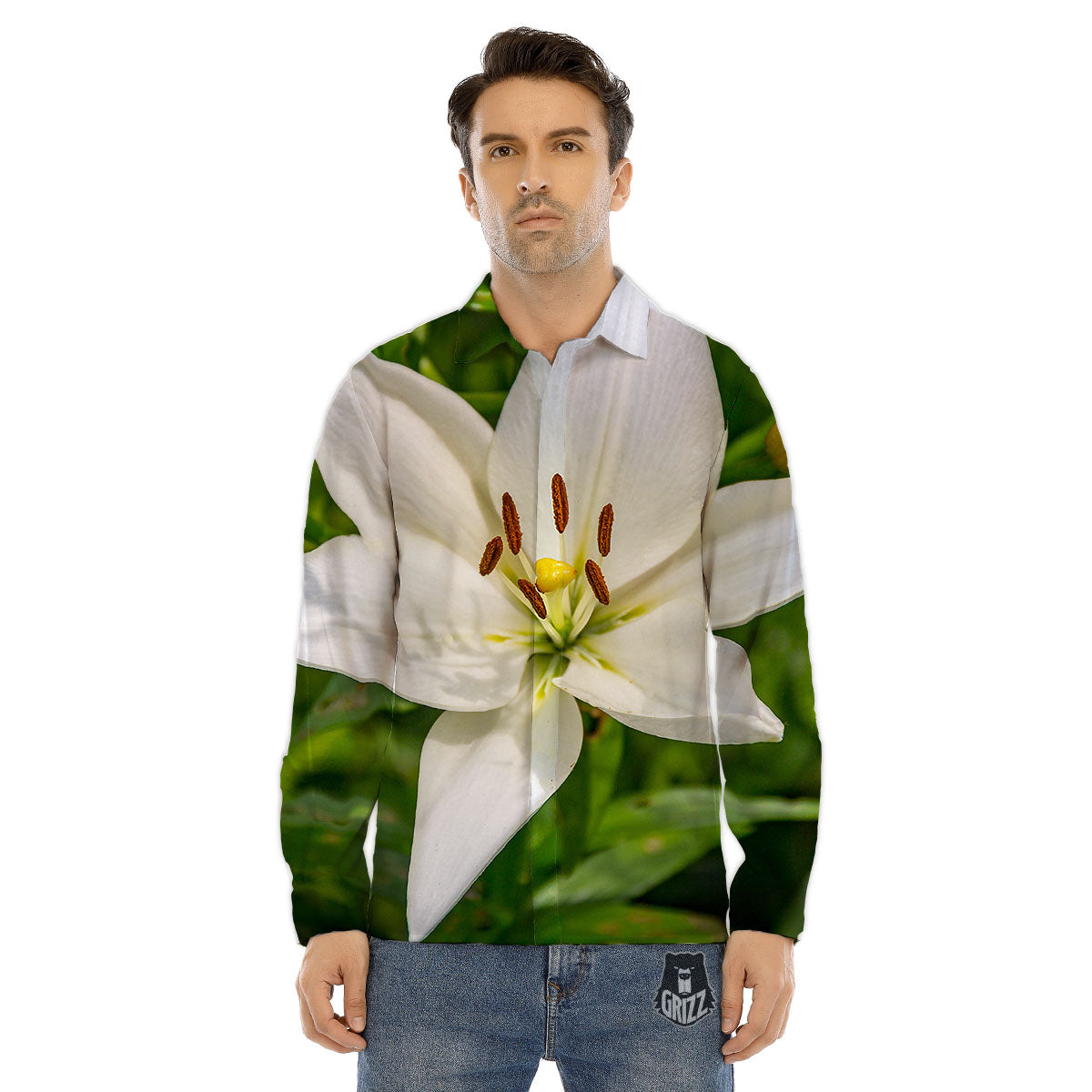 Floral Lily Print Men's Dress Shirts-grizzshop