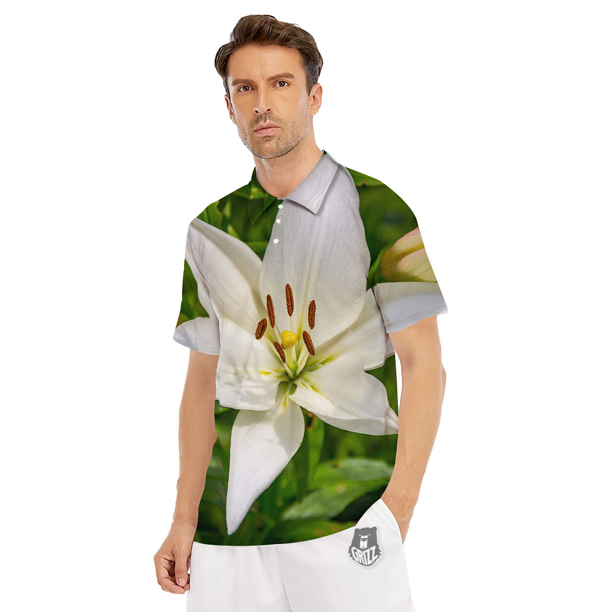 Floral Lily Print Men's Golf Shirts-grizzshop