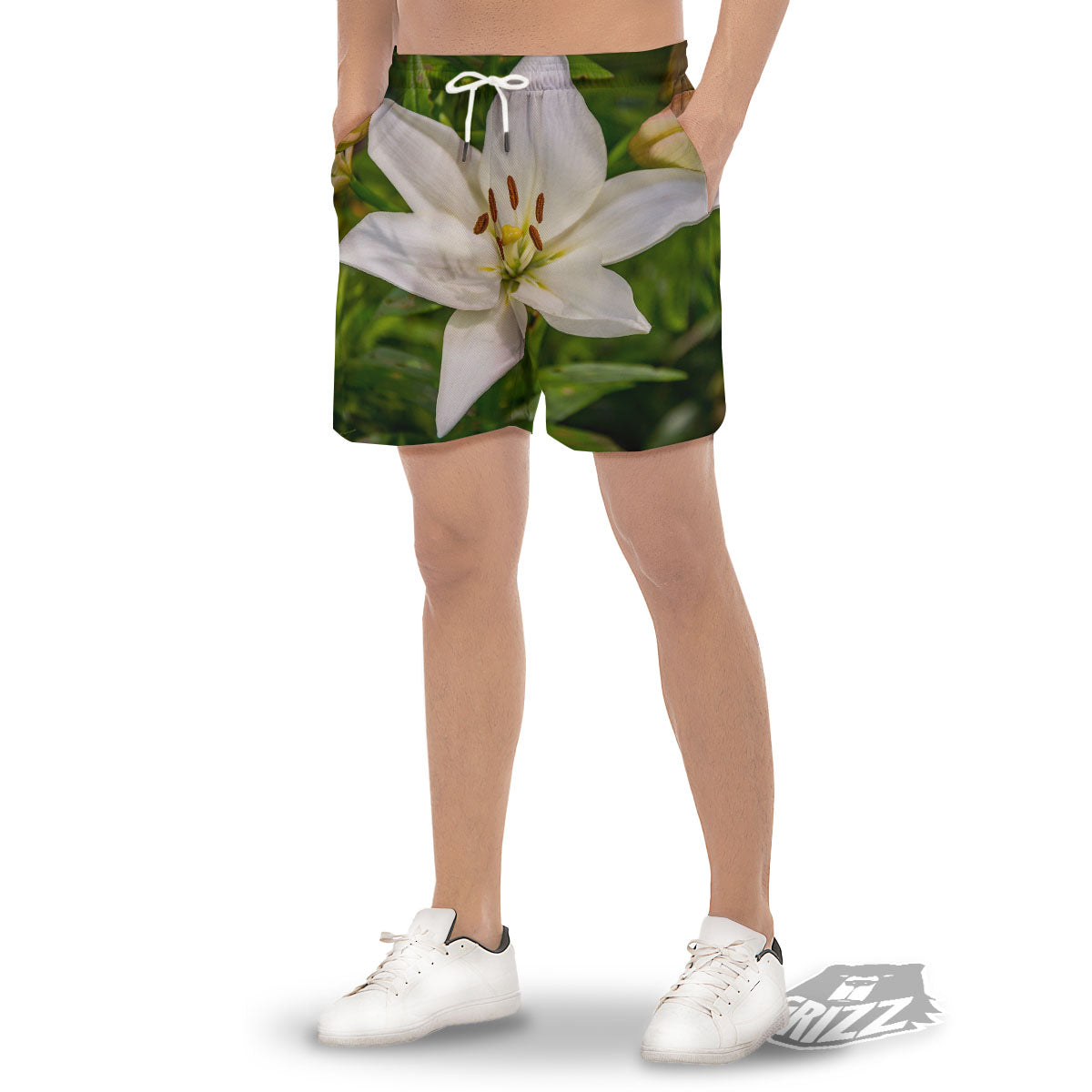 Floral Lily Print Men's Gym Shorts-grizzshop