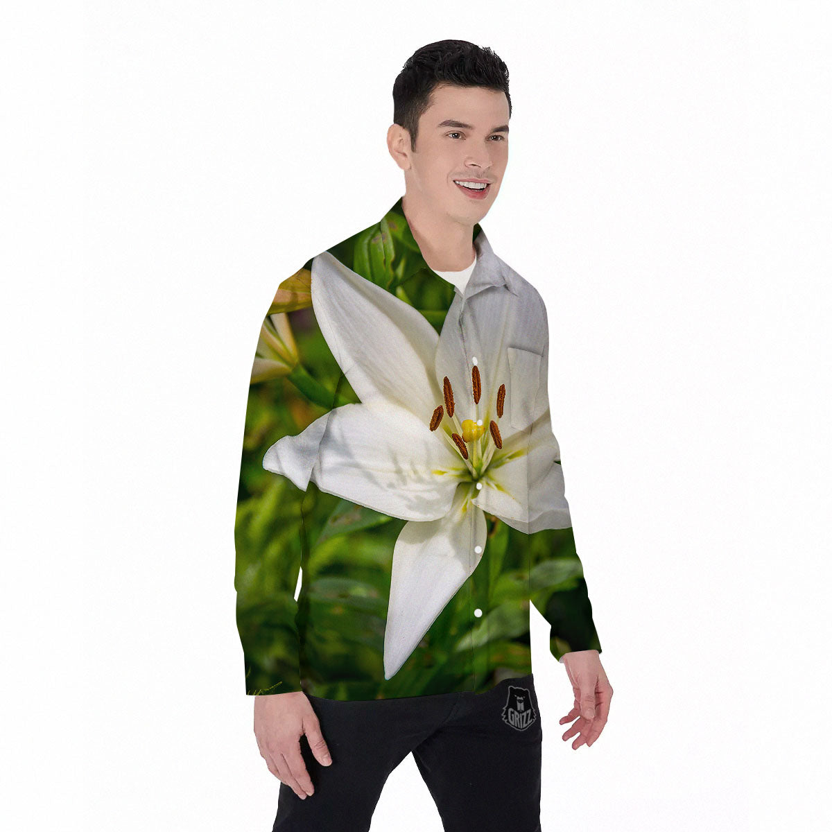 Floral Lily Print Men's Long Sleeve Shirts-grizzshop