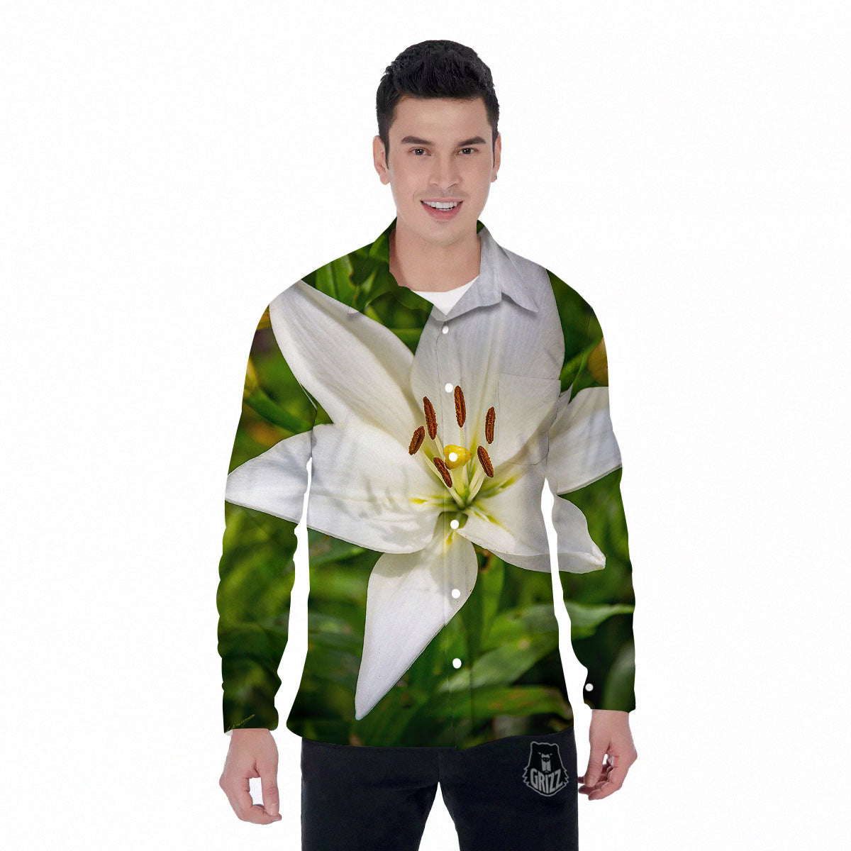 Floral Lily Print Men's Long Sleeve Shirts-grizzshop