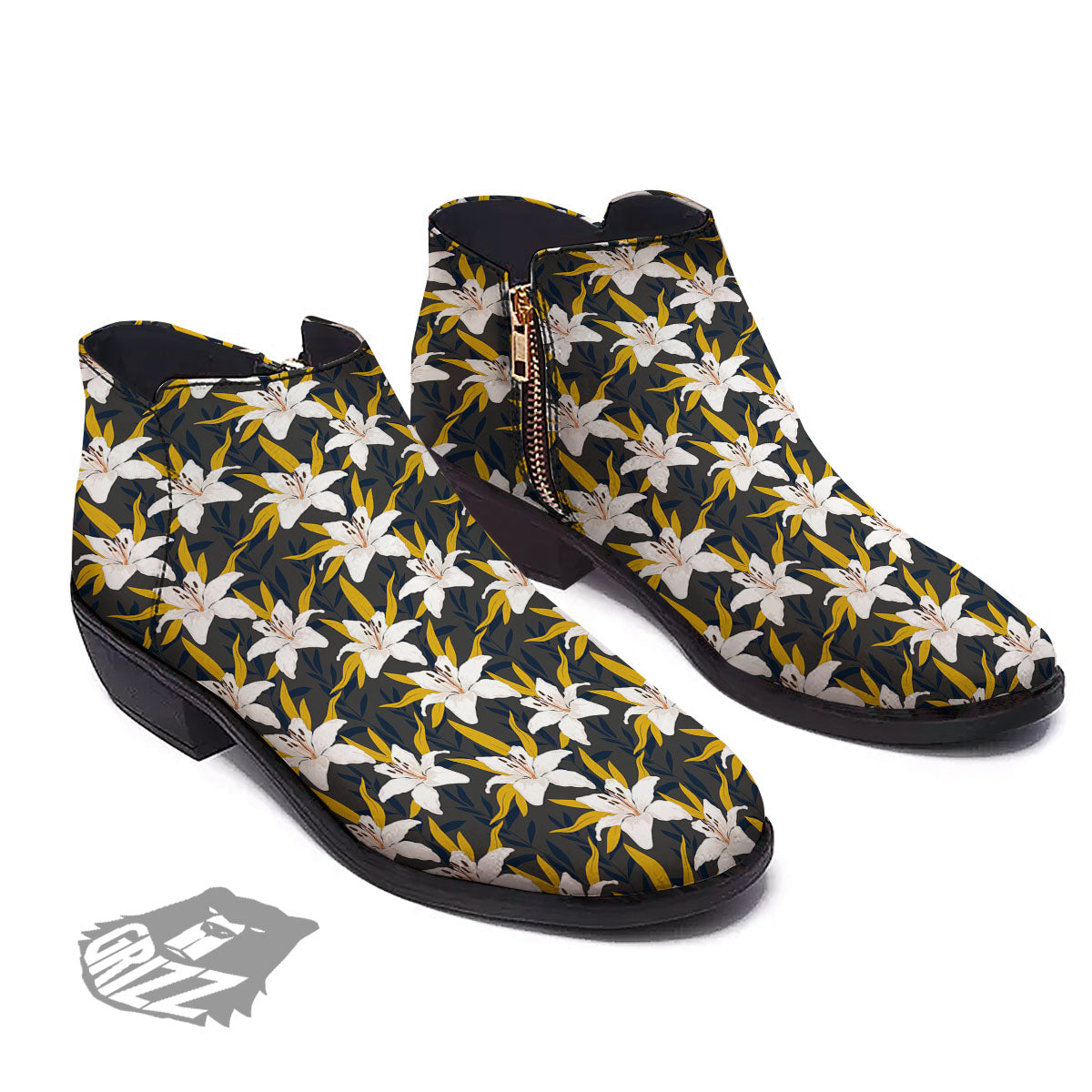 Floral Lily Print Pattern Ankle Boots-grizzshop