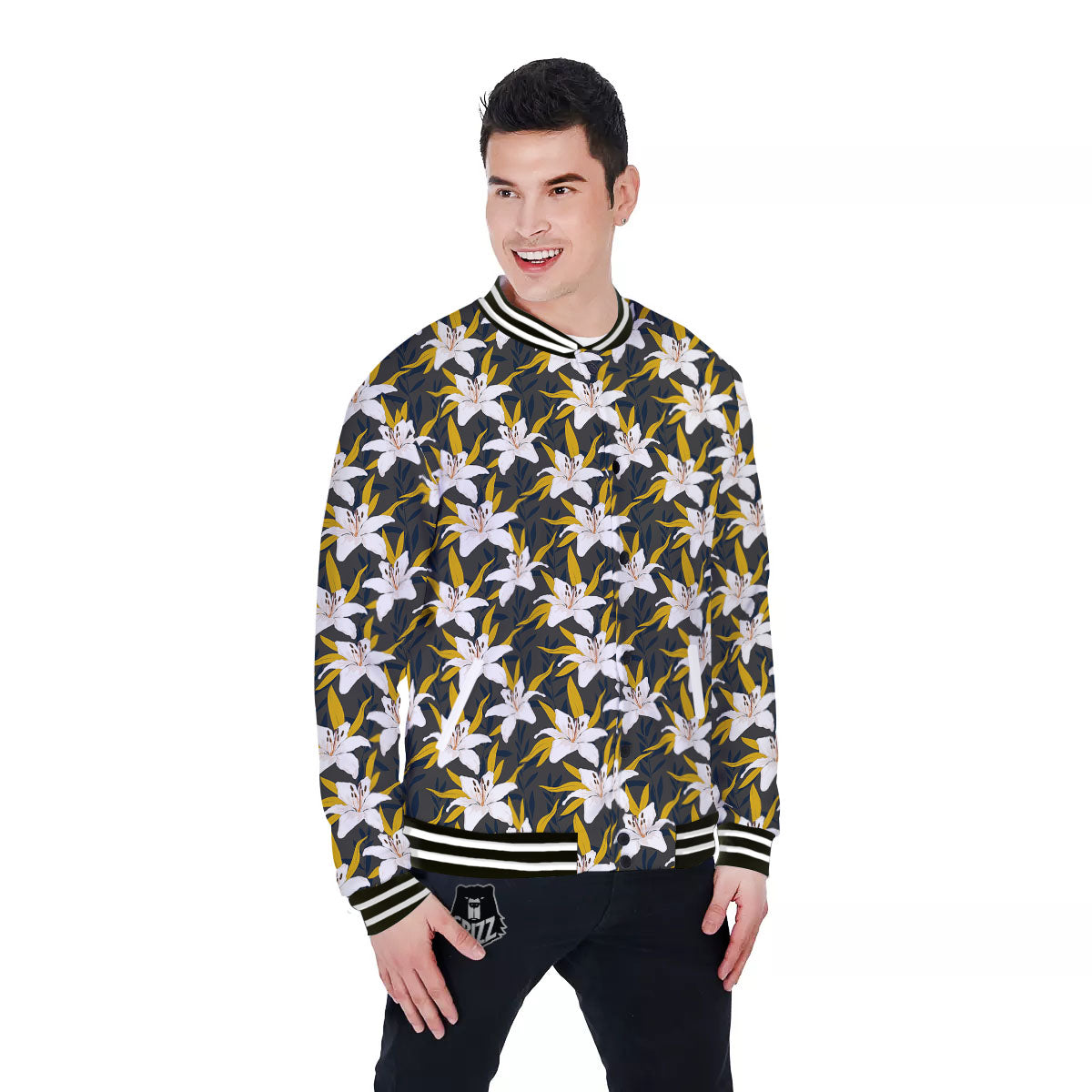 Floral Lily Print Pattern Baseball Jacket-grizzshop