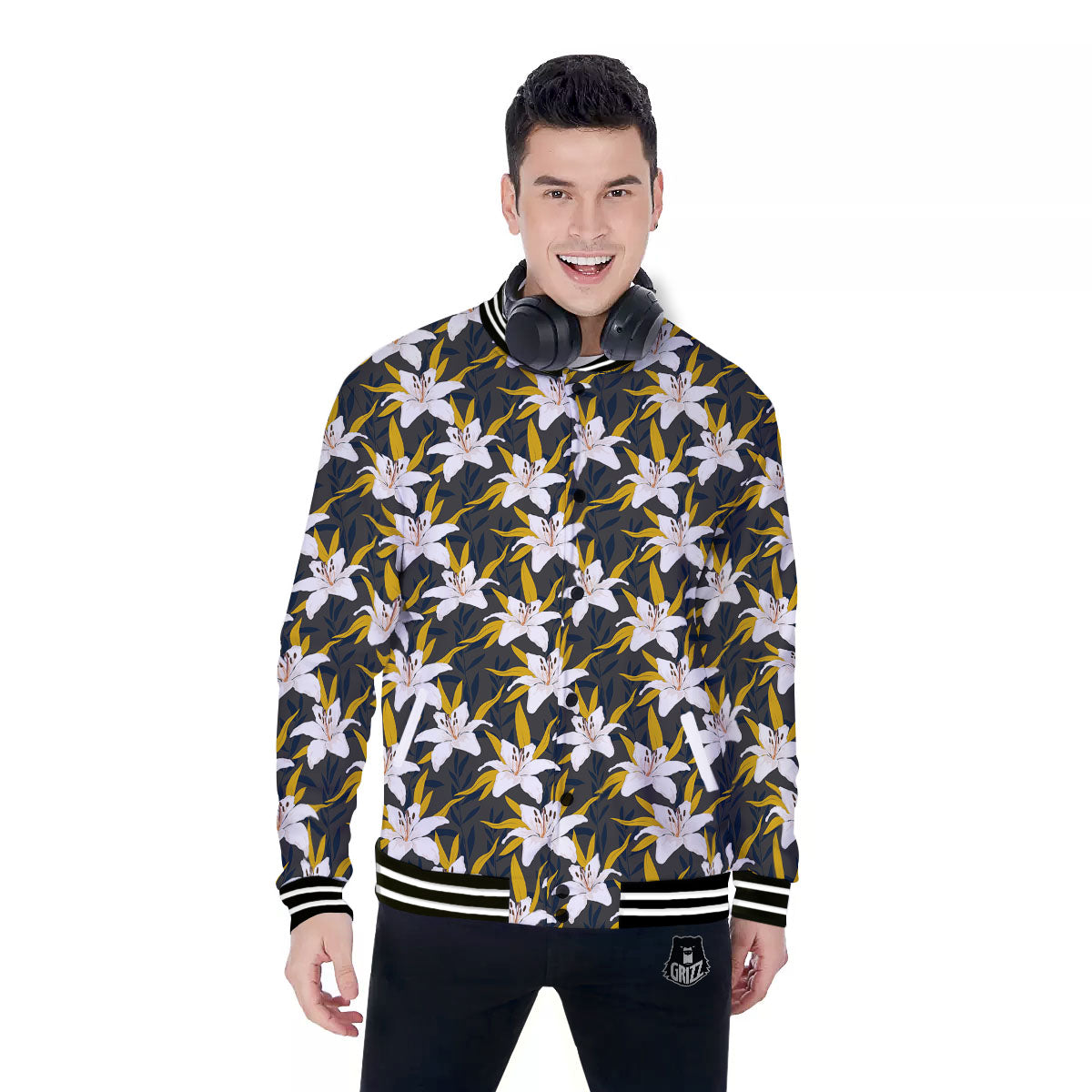 Floral Lily Print Pattern Baseball Jacket-grizzshop