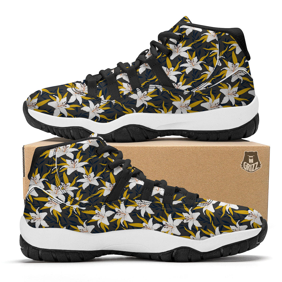Floral Lily Print Pattern Black Bball Shoes-grizzshop
