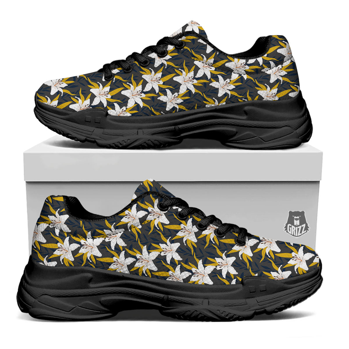 Floral Lily Print Pattern Black Chunky Shoes-grizzshop