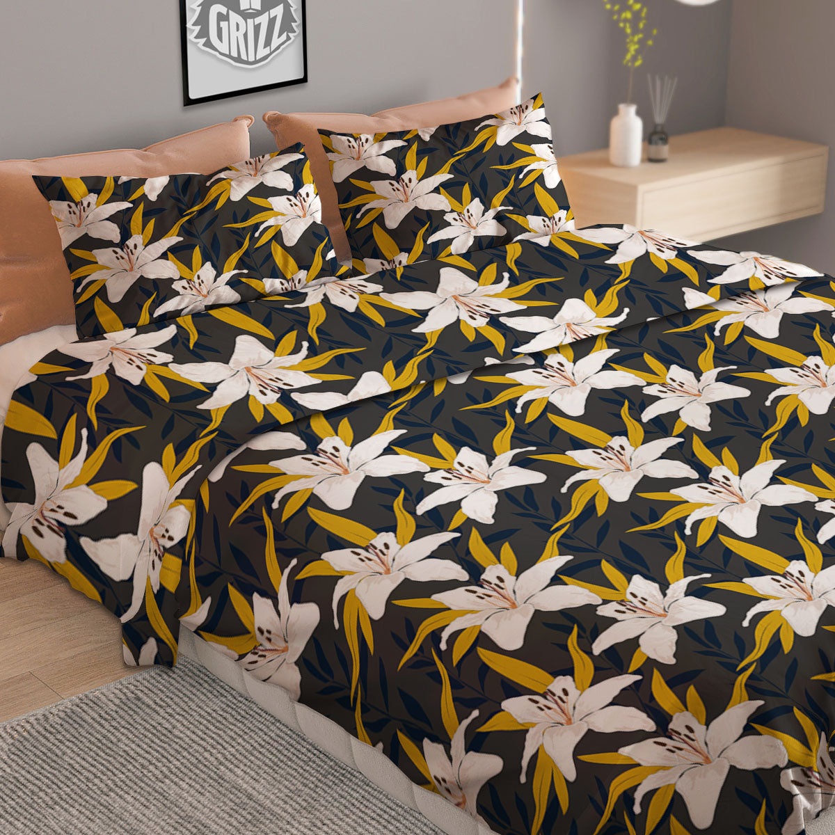 Floral Lily Print Pattern Duvet Cover Bedding Set