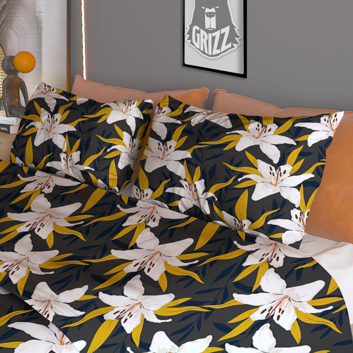 Floral Lily Print Pattern Duvet Cover Bedding Set